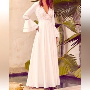 Lulus Enchanted Evening White Lace Maxi Dress crocheted lace overlays V-neckline